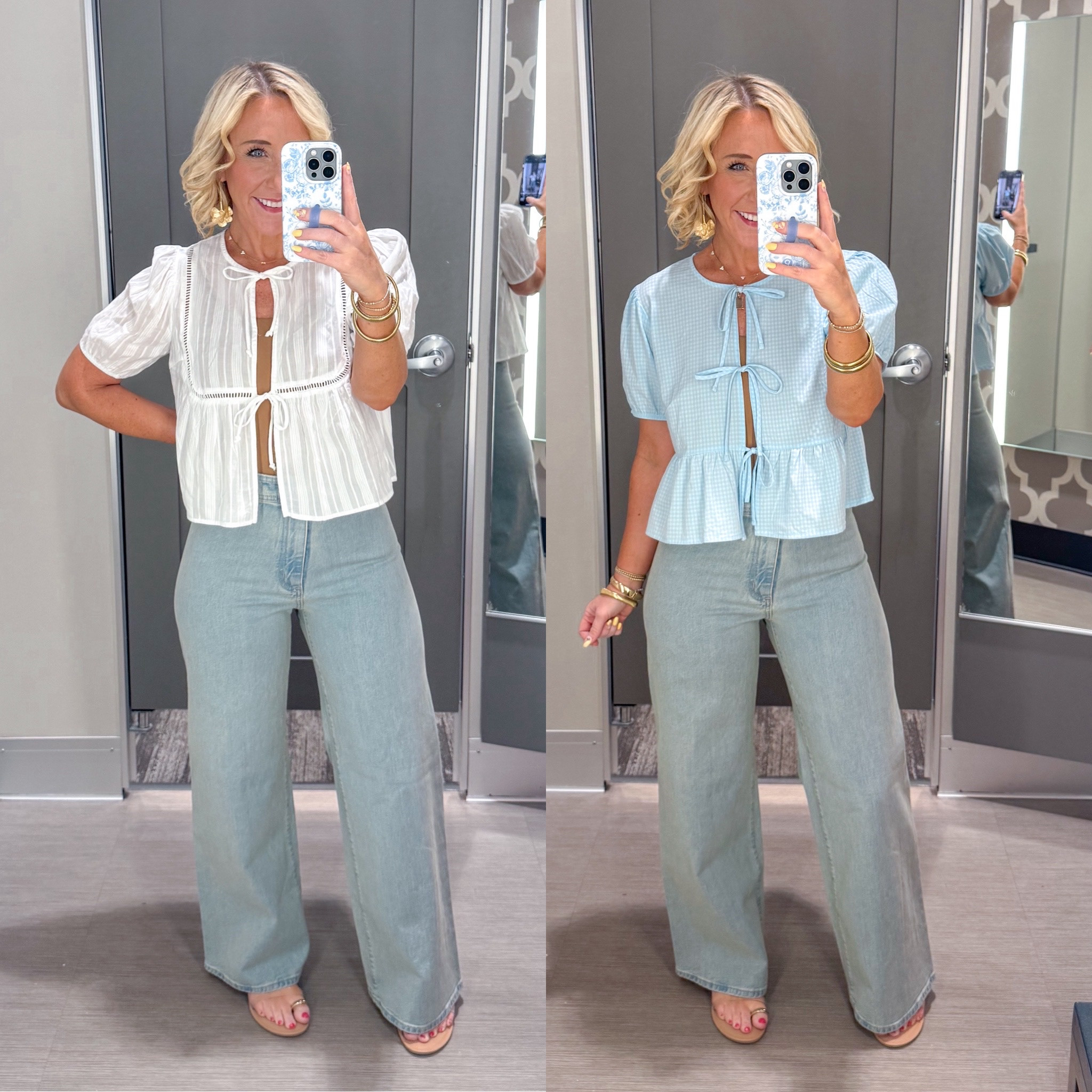 • White tie front top - size medium. 
• Sailor jeans - size 4.
• Blue tie front top - size medium. 

#LTKSeasonal #LTKFindsUnder50 #LTKSaleAlert