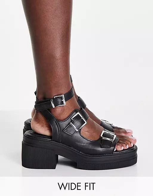 ASOS DESIGN Wide Fit Heston chunky mid heeled sandals in black | ASOS (Global)