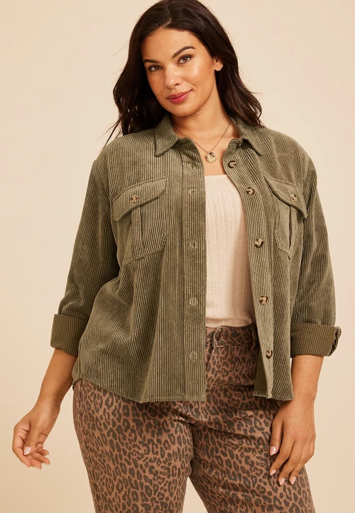 Plus Size Olive Green Corduroy Utility Shacket | maurices | Maurices