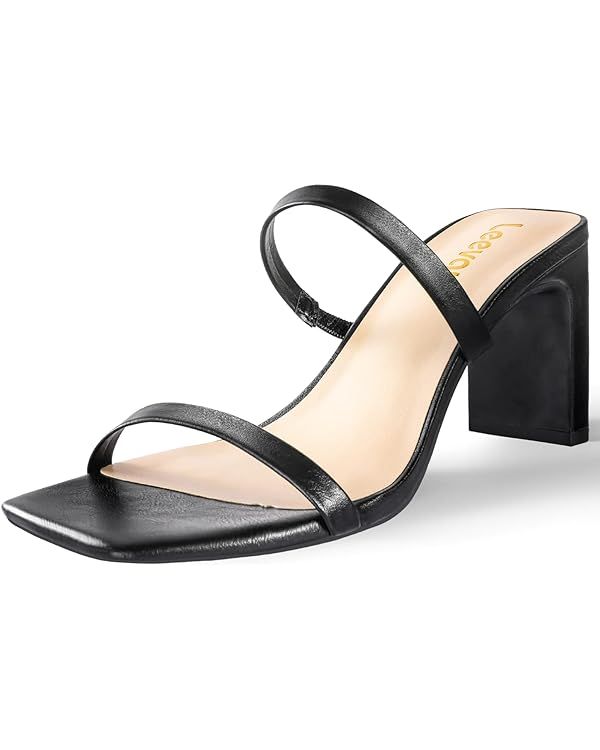Leevar Square Toe Heels Sandals - White Black Nude Heels Chunky Two Strap Low Heels for Women Lea... | Amazon (US)