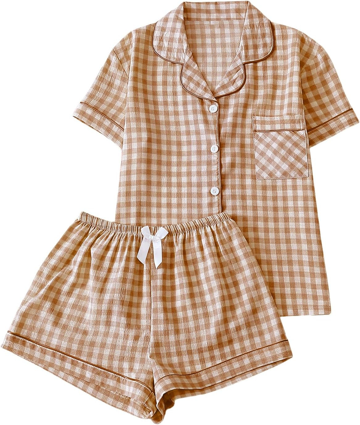 Verdusa Pajamas Sets 2 Piece Gingham Cute Button Down Shirts with Shorts | Amazon (US)