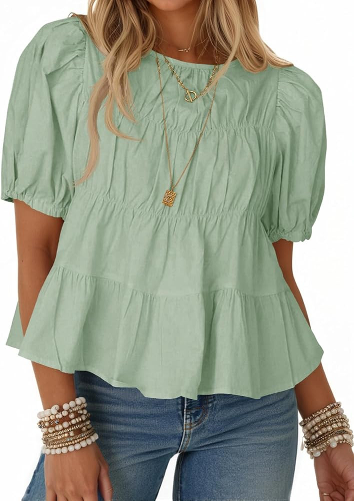 Tankaneo Womens Puff Sleeve Peplum Babydoll Tops Summer Smoked Pleated Cotton T-Shirts Casual Loo... | Amazon (US)