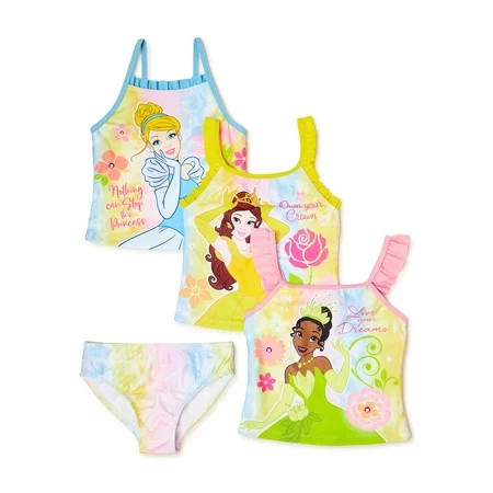 Disney Princess Girls Tankini Tops and Bikini Bottom 4-Piece Swim Set Sizes 4-7 | Walmart (US)