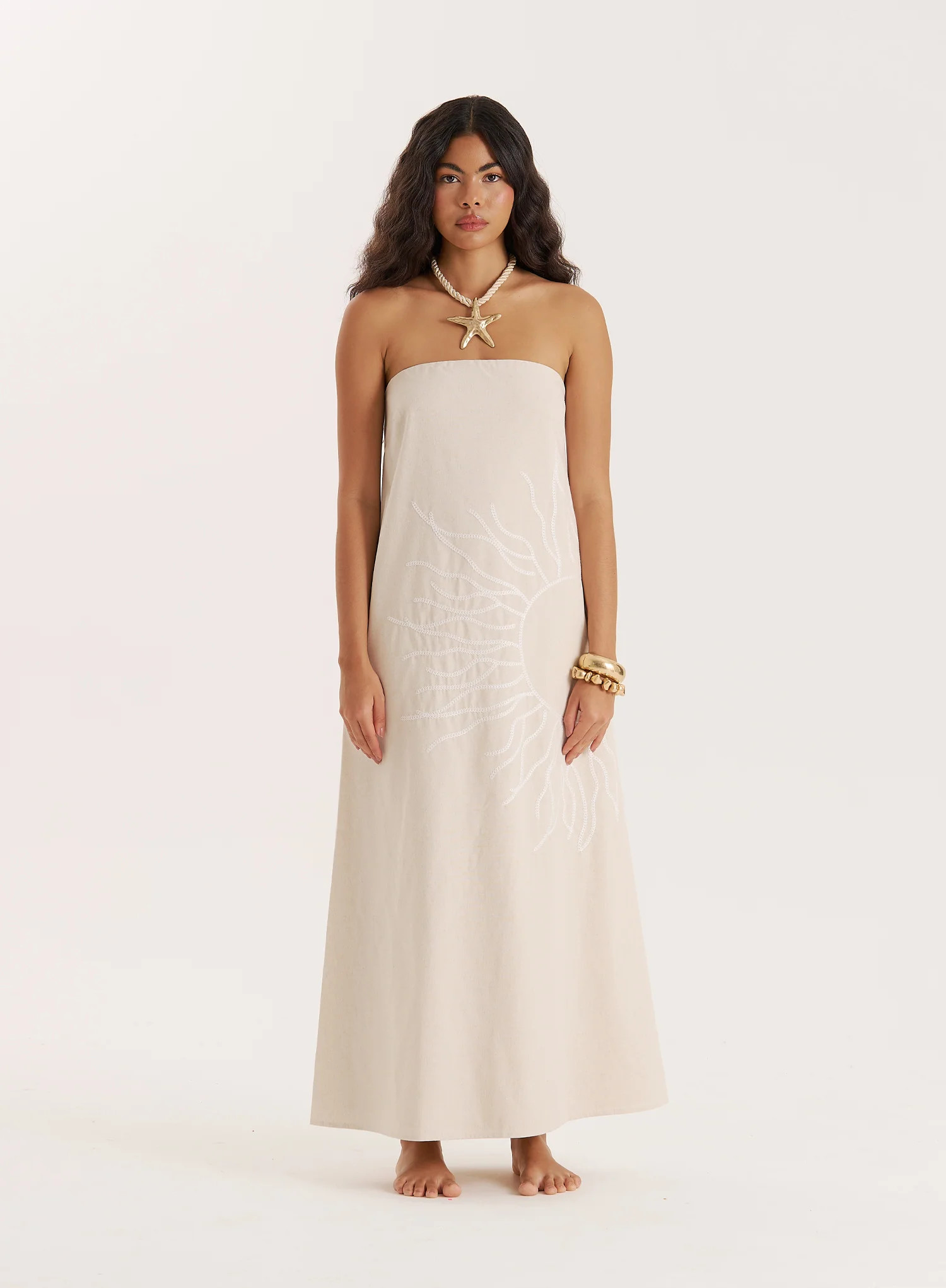 Cream Sun Embroidery Linen Blend Bandeau Dress- Elysia | 4th & Reckless