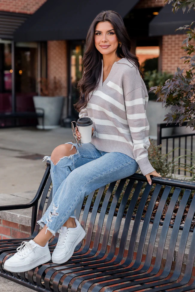 Follow Your Gaze Taupe Striped Collared Sweater | Pink Lily