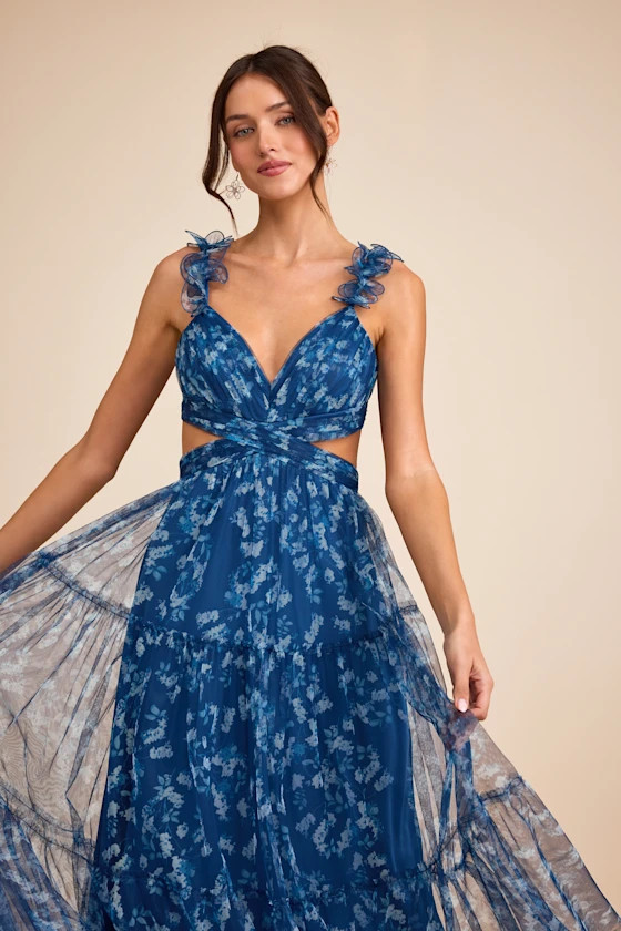 Ethereal Love Blue Floral Pleated Tiered Tie-Back Maxi Dress | Lulus