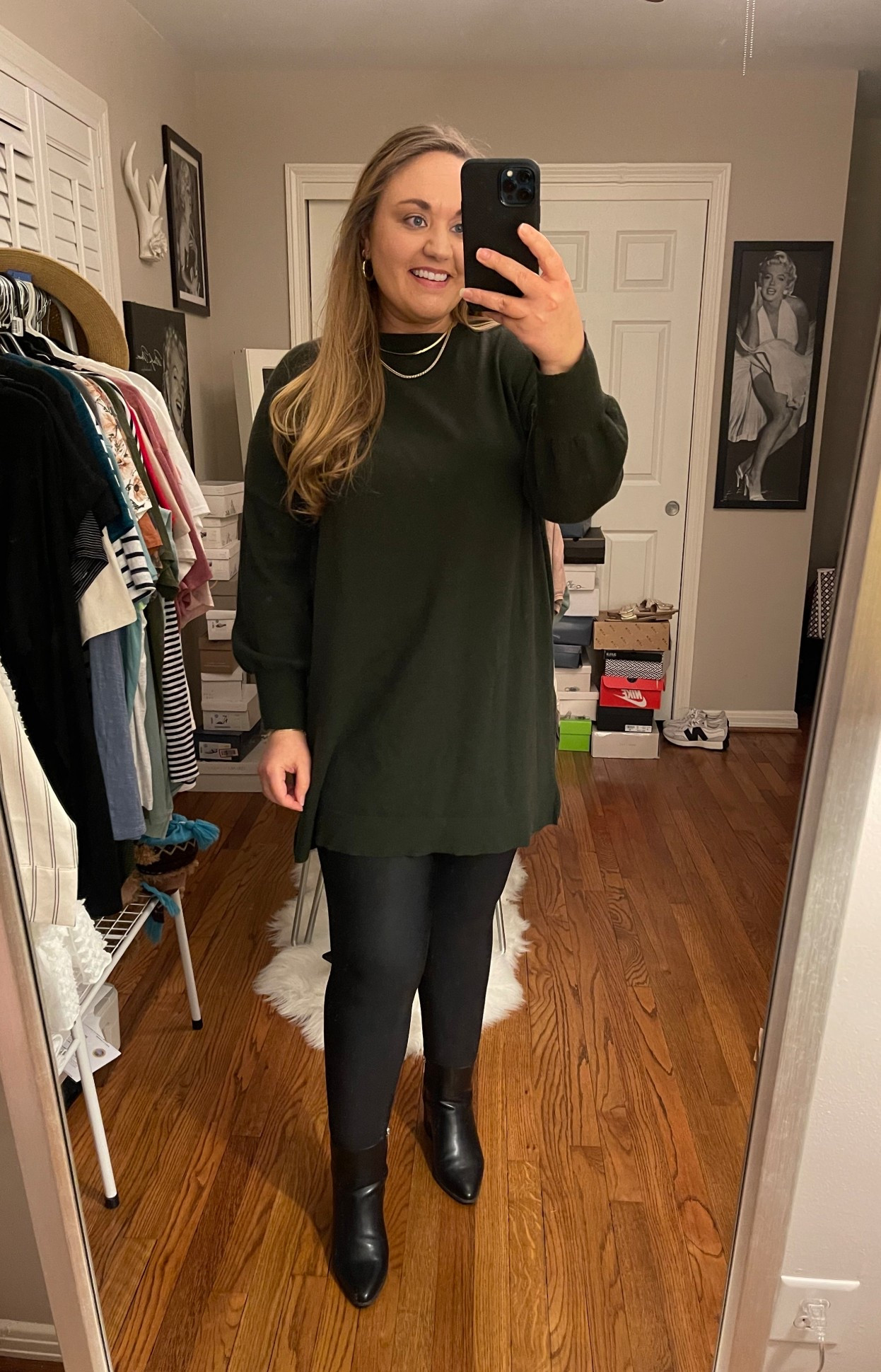 50% off faux leather leggings &amp; free shipping, spanx leggings, Black pointed toe boots, ankle boots, black boots, fall style, fall outfit, black leggings, gold necklaces, gold earrings, gold hoops, layered necklaces, electric picks

#LTKSaleAlert #LTKMidsize #LTKFindsUnder50