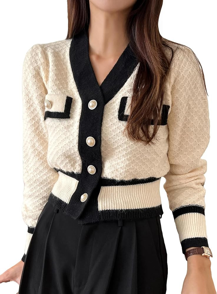 Floerns Women's Contrast Trim Long Sleeve Button Front V Neck Cardigan | Amazon (US)