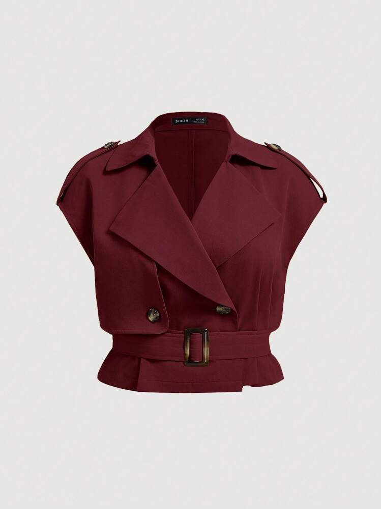 SHEIN MOD Plus Size Wine Red Elegant Versatile Sleeveless Linen Belt Short Windbreaker Vest Burgundy Top Winter Fall Autumn | SHEIN