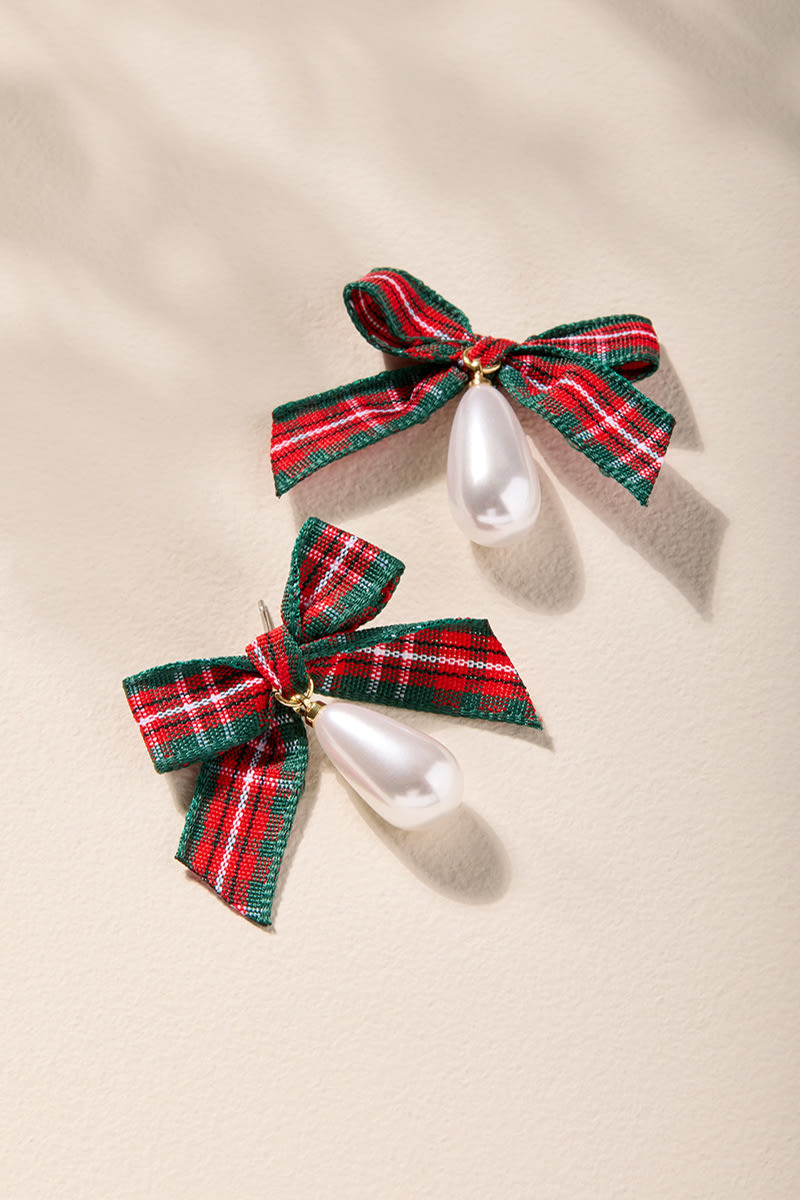 Mia Plaid Bow Pearl Drop Earrings | Francesca's