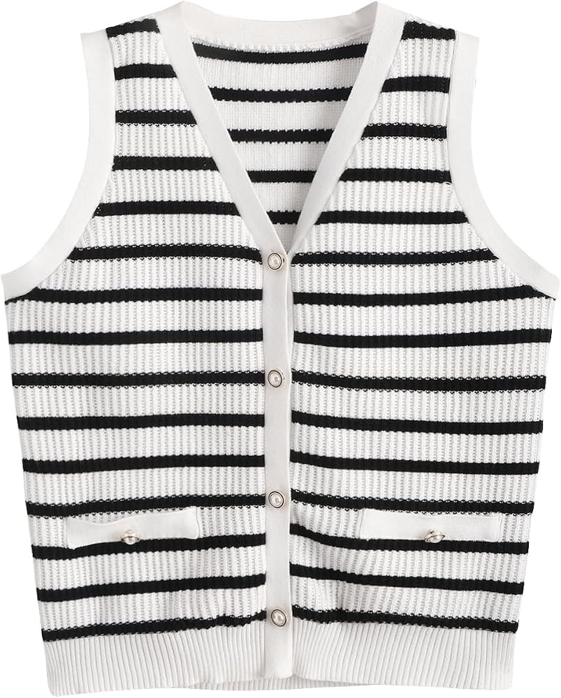 Verdusa Women's Sweater Vest Old Money Trendy Tops Striped Print Button Front Sleeveless Knit Swe... | Amazon (US)