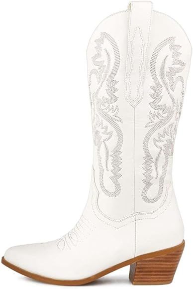 Women Mid Calf Embroidered Cowboy Boots Wide Calf Retro Western Boots Chunky Heel Cowgirl Boots | Amazon (US)