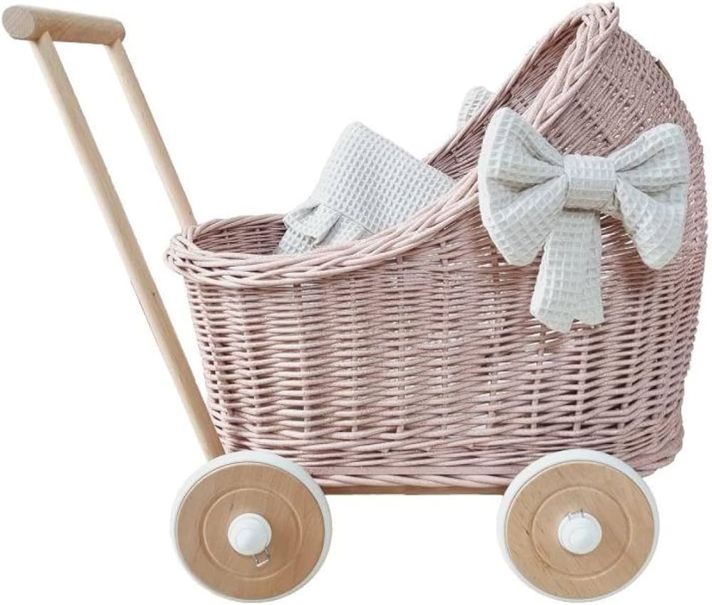 Wiklibox Pink Rattan Doll Stroller - Hand Made in Europe - Includes Bows and Bedding - Wood Handl... | Amazon (US)
