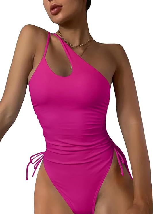 Lilosy Sexy One Shoulder Tummy Control Ruched Swimsuit High Cut Brazilian Bathing Suit 1 Piece | Amazon (US)