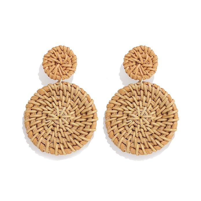 Weave Straw Double Disc Drop Earrings Boho Rattan Dangle Statement Earrings | Amazon (US)