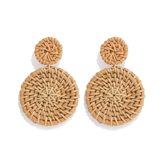 Weave Straw Double Disc Drop Earrings Boho Rattan Dangle Statement Earrings | Amazon (US)