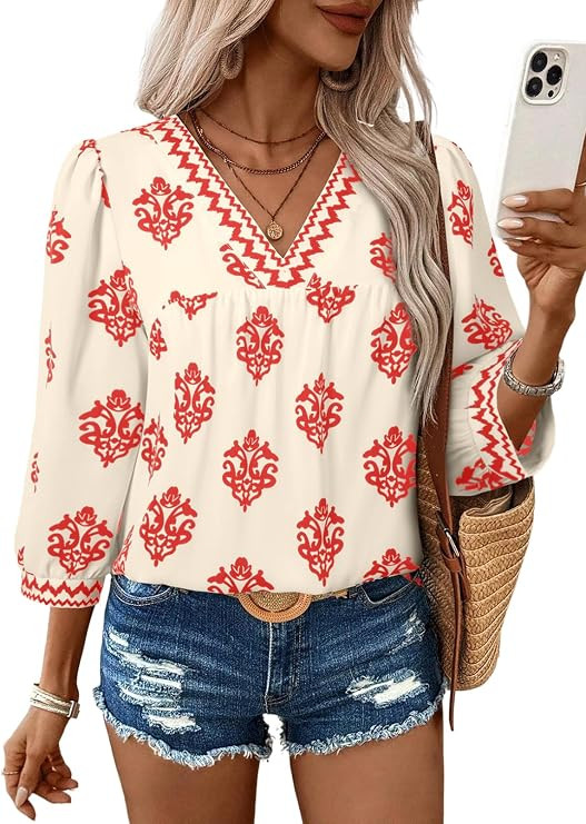 SHEWIN Women's Casual V Neck Floral Print Chiffon Blouses 3/4 Sleeve Boho Summer Tops Shirts | Amazon (US)