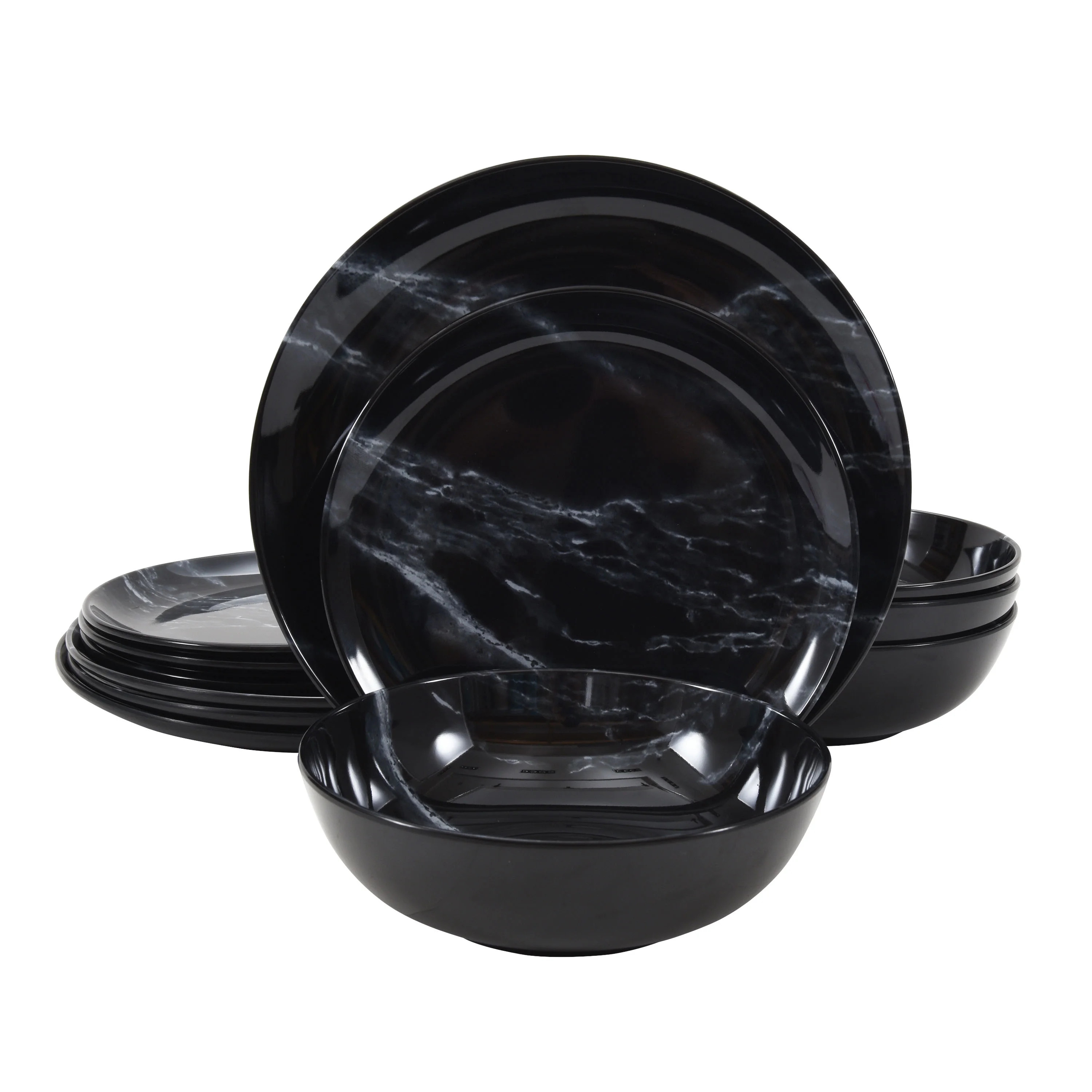 Better Homes & Gardens 12-Pieces Black Marble Print Melamine Dinnerware Set - Walmart.com | Walmart (US)