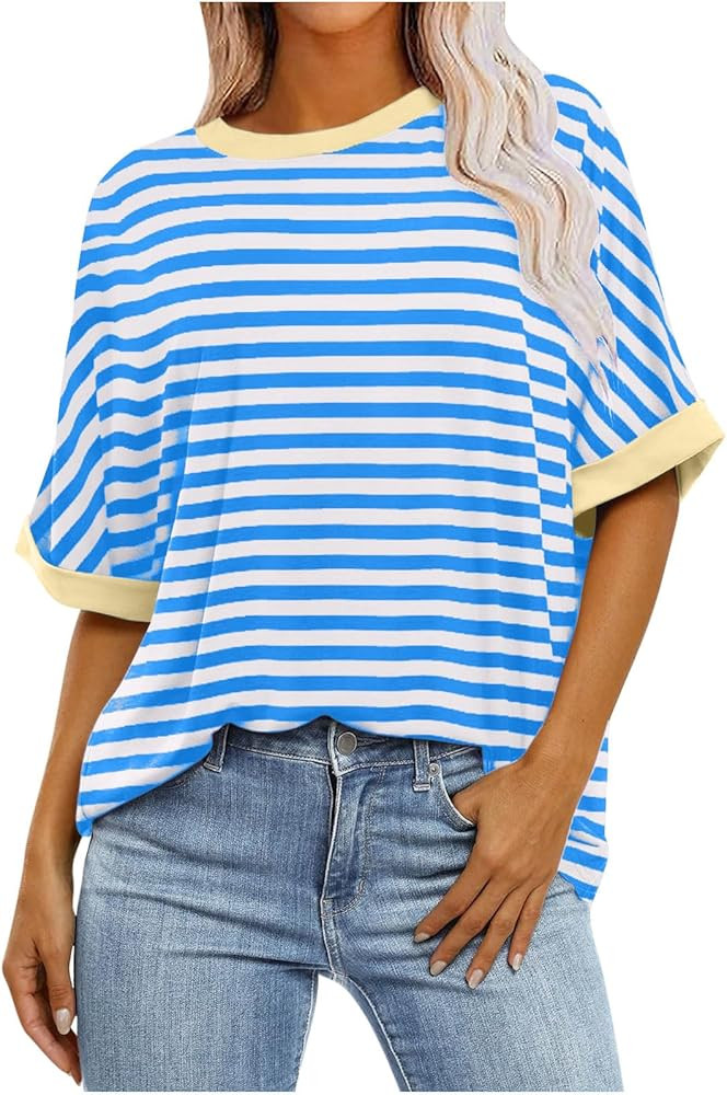 Striped Shirt Women, Oversized Tshirts for Women, Summer Tops 2024 Trendy, Women's Fashion Half S... | Amazon (US)