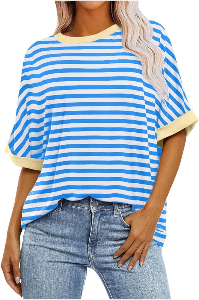 Striped Shirt Women, Oversized Tshirts for Women, Summer Tops 2024 Trendy, Women's Fashion Half S... | Amazon (US)