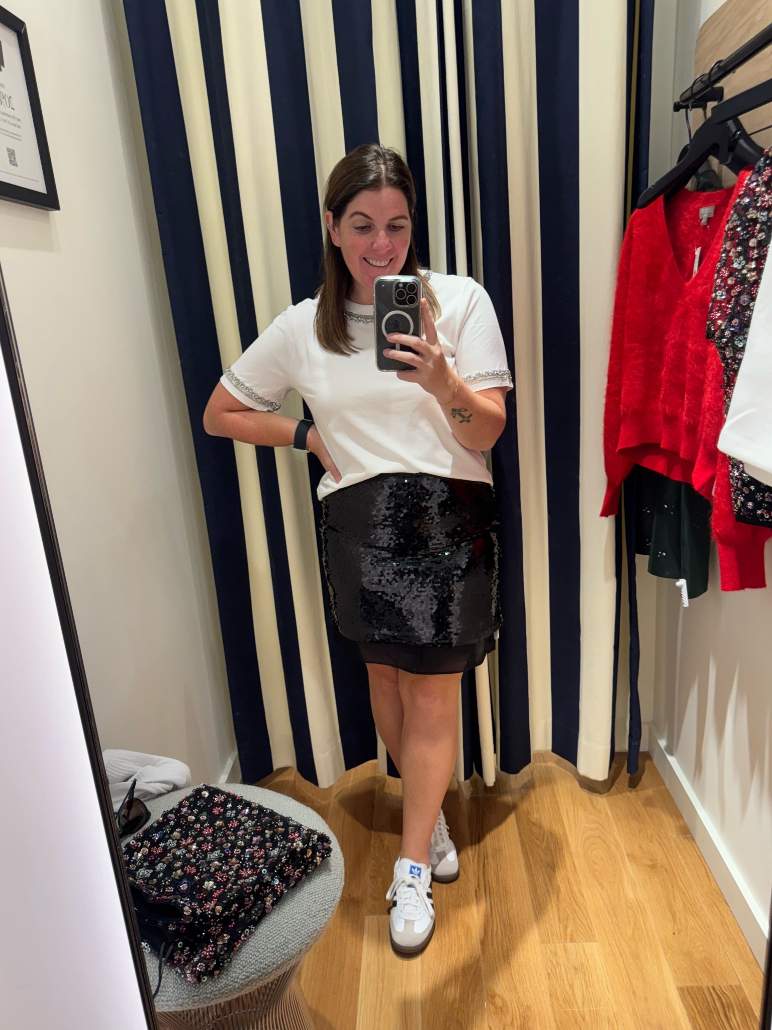 A little bit of bling and the tee and a lot of bling on this skirt! These two pieces are ones you can pair together, but you could also style them separately and create really cute looks for the holidays! Both the tee and the skirt run TTS and they both come in other color options 

#LTKMidsize #LTKHoliday #LTKStyleTip