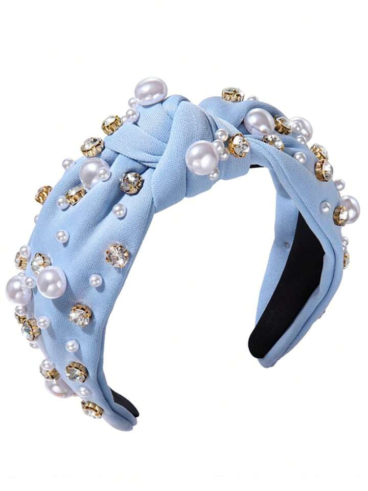 1pc Faux Pearl Embellished Knotted Headband With Rhinestone Decor, Elegant Women's Wide Turban Bo... | SHEIN