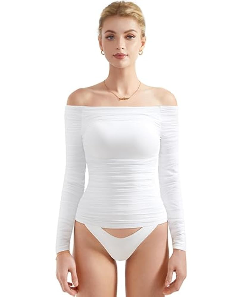 SUUKSESS Women Double Line Mesh Padded Tops Off The Shoulder Long Sleeve Shirts | Amazon (US)