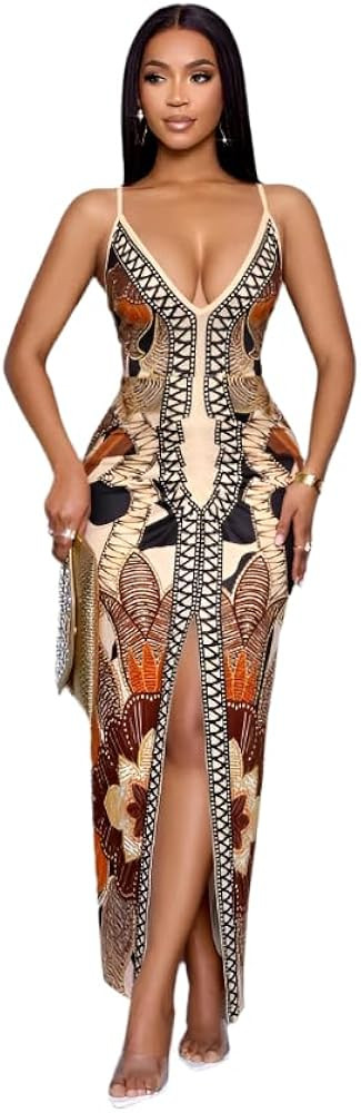 Women's Printed Maxi Bodycon Cami Dress with Slit Thigh and Deep V-Neck – Elegant Sleeveless Fi... | Amazon (US)