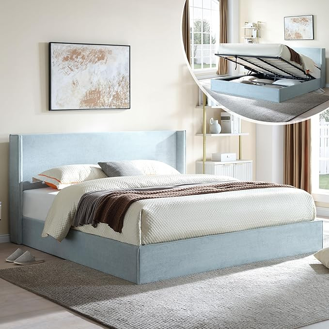 King Size Lift Up Storage Bed, Corduroy Upholstered Platform Bed with Modern Wingback Headboard, ... | Amazon (US)