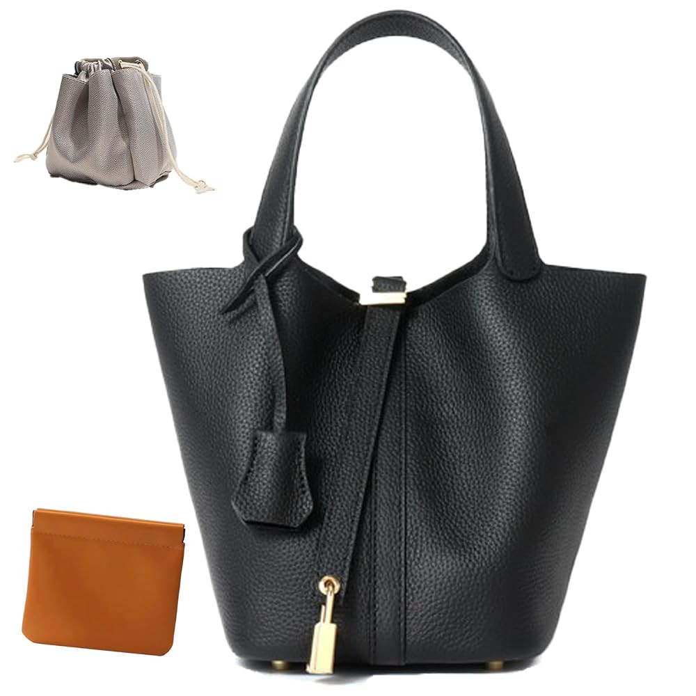 Genuine Leather Lock Design Bucket Bag Vegetable Basket, Fashionable and Versatile Shoulder Handb... | Amazon (US)