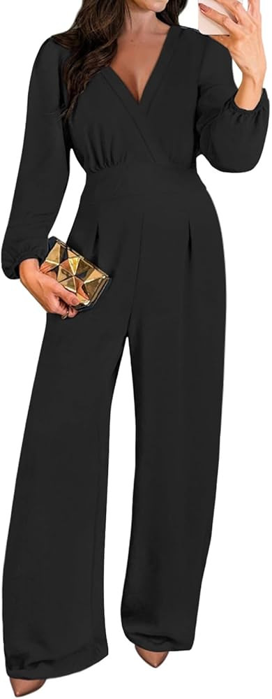 Pink Queen 2025 Jumpsuits for Women Dressy Long Sleeve V Neck Wide Leg Pants Romper Casual Outfit... | Amazon (US)
