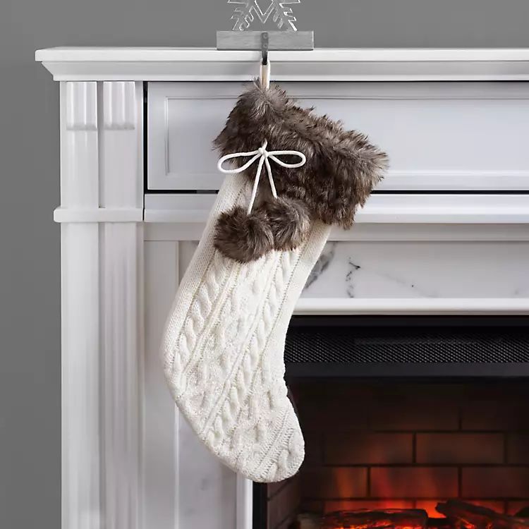 New!Cream Knit Stocking with Dark Brown Fur Cuff | Kirkland's Home