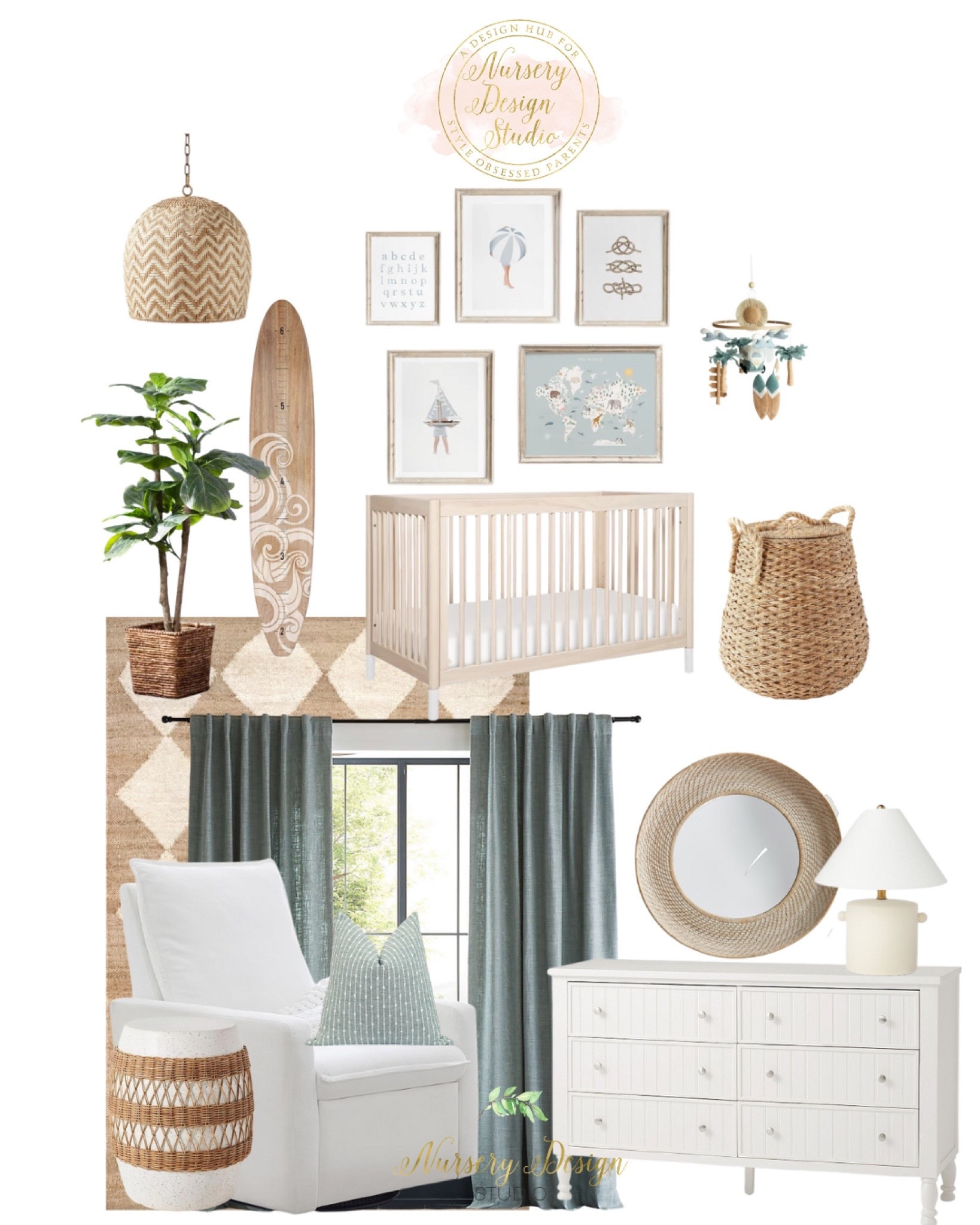 Beach vibe nursery, surf decor, nursery decor, green curtains, 

#LTKstyletip #LTKbaby #LTKsalealert