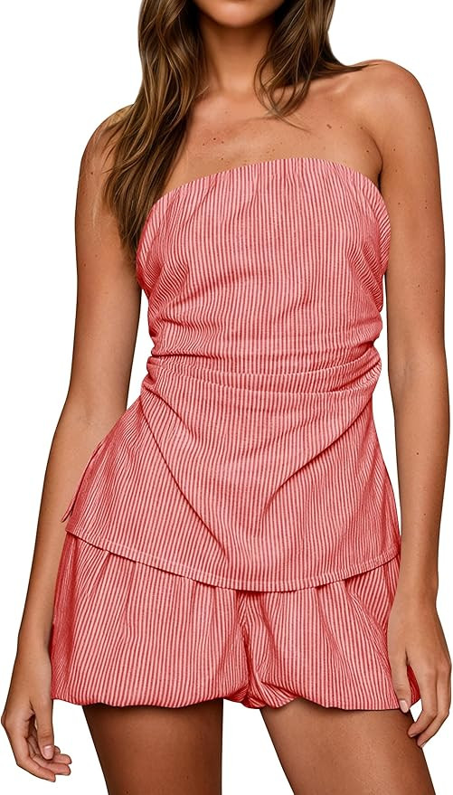 Women's Striped Tube Top Set 2 Piece Shorts Sets Summer Strapless Ruched Bandeau Bubble Shorts Y2... | Amazon (US)