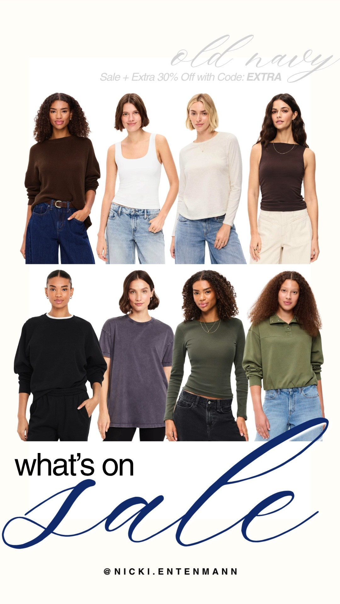 Score extra savings at Old Navy with their current sale plus an additional 30% off using code EXTRA! This featured collection includes everyday autumn wardrobe staples like cozy espresso brown sweaters, crisp white tanks, fitted crewnecks, olive long-sleeve tops, and casual quarter-snap pullovers. These neutral basics pair effortlessly with light-wash denim or black trousers for an easy, budget-friendly preppy-casual look.

#oldnavy #oldnavyfinds #whatsonsale #fallfashion #preppycasual #everydaystyle #capsulewardrobe 

 #LTKootd #LTKmomlife #LTKSaleAlert