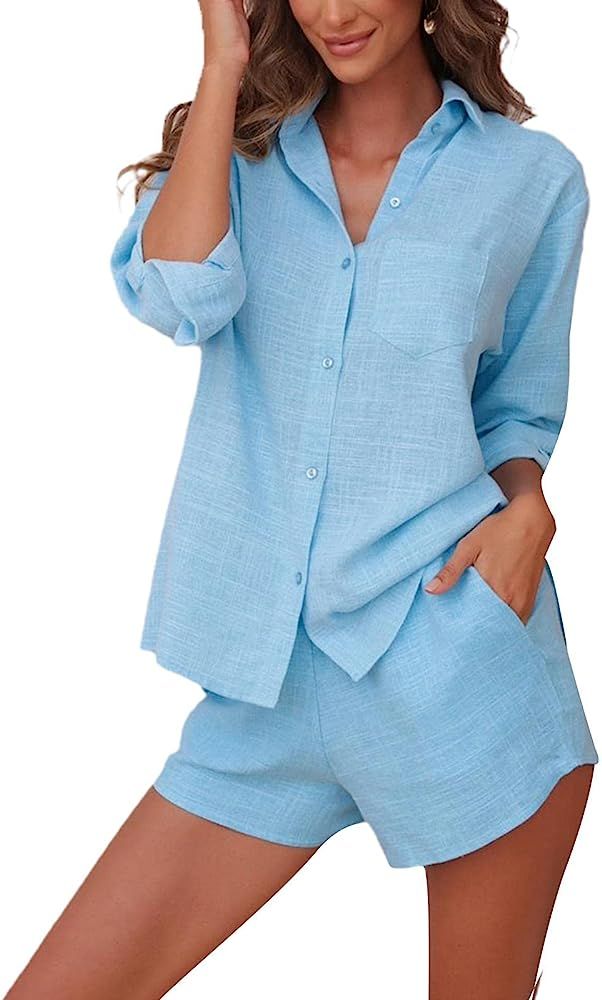 Women Y2K Button Shirts 2 pcs Sets Button Up Plaid Long Shirts High Waist Short Pants Sets Summer Ou | Amazon (US)