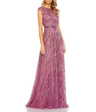 Mac Duggal Sequin Illusion Boat Neck Cap Sleeve A-Line Gown | Dillard's | Dillard's