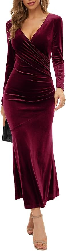 Women's V Neck Wrap Long Sleeve Elegant Mermaid Velvet Cocktail Maxi Dress Evening Party | Amazon (US)