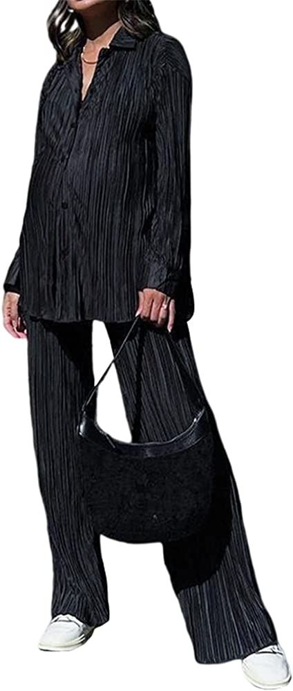 Womens Casual 2 Piece Outfits - Long Sleeve Button Blouse Top Wide Leg Loose Streetwear Loungewea... | Amazon (US)
