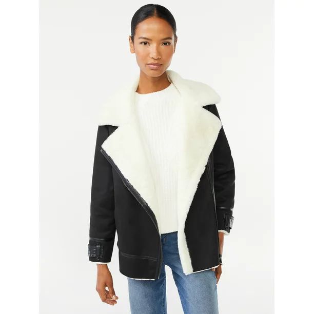 Scoop Women's Faux Suede Oversized Moto Jacket with Faux Fur Lining - Walmart.com | Walmart (US)