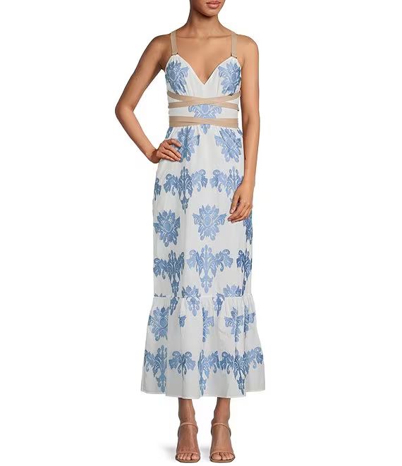 Embroidered Voile Sleeveless V-Neck Wrap Tiered Maxi Dress | Dillards