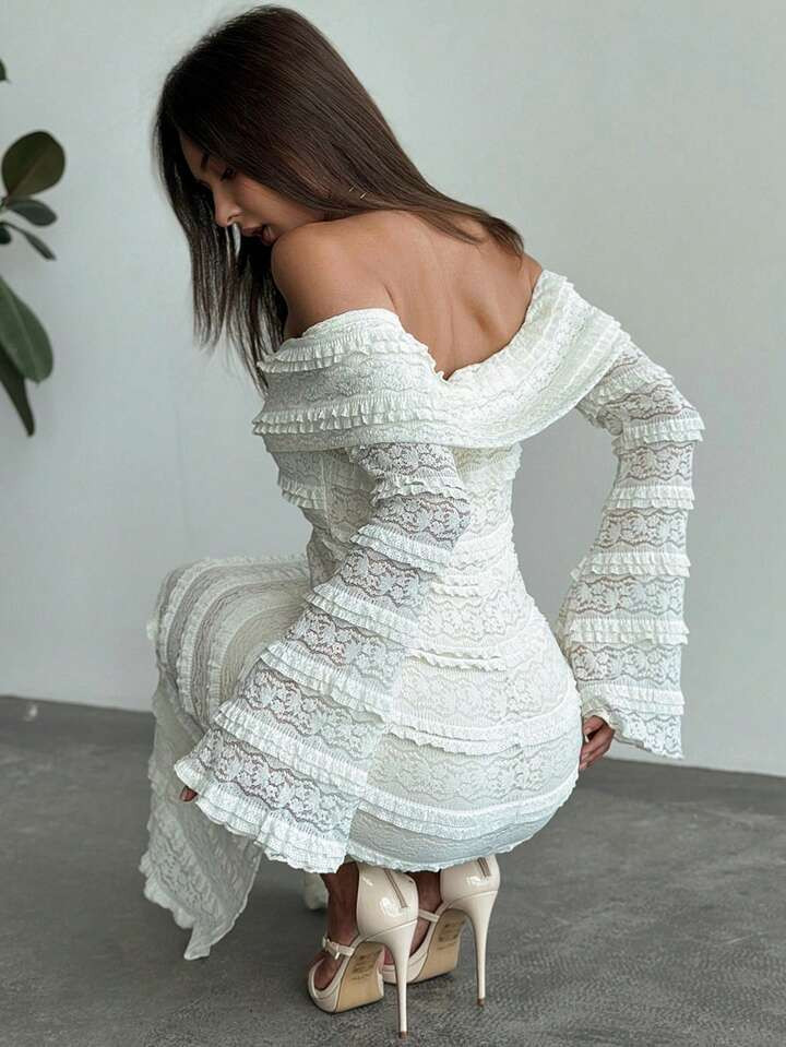 Aloruh Vestido largo hasta el tobillo de manga larga con volantes en los puños y escote fuera de... | SHEIN