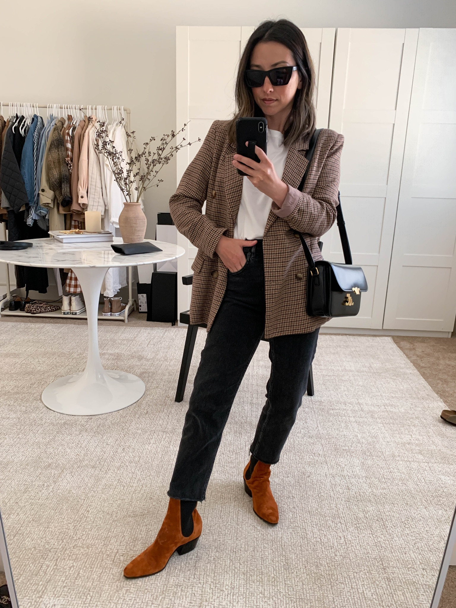 Fall #ootd. Check blazer. This blazer is old, but linked a handful of similar options. 

Blazer - Lioness xs
Tee - Everlane medium
Jeans - Everlane 24
Boots - Khaite 36
Bag - Celine medium 
Sunglasses - YSL 