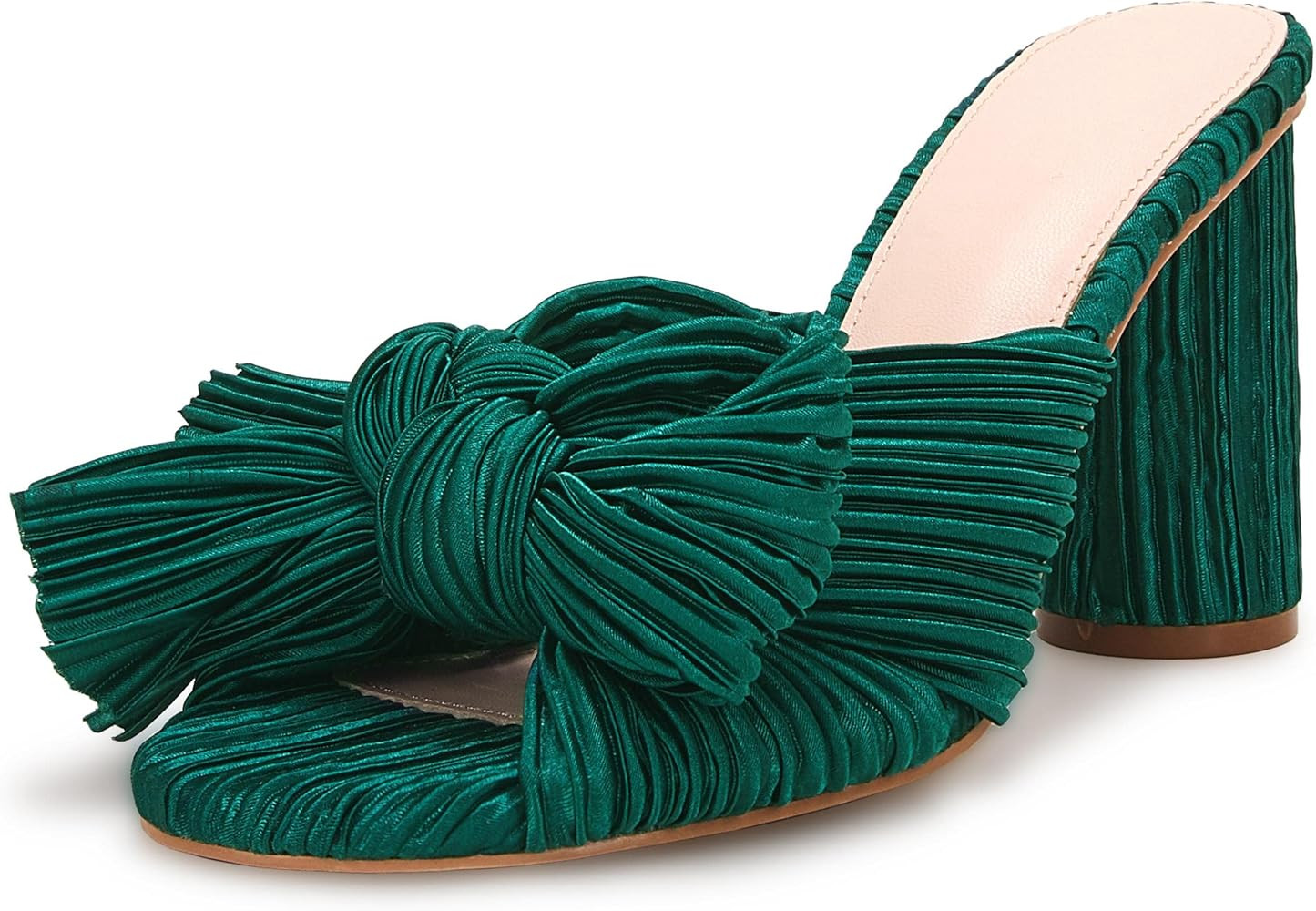 Women's Pleated Bow Knot Heeled Sandals Comfortable Slip On Open Toe Block Chunky Heel Slides Bridal | Amazon (US)