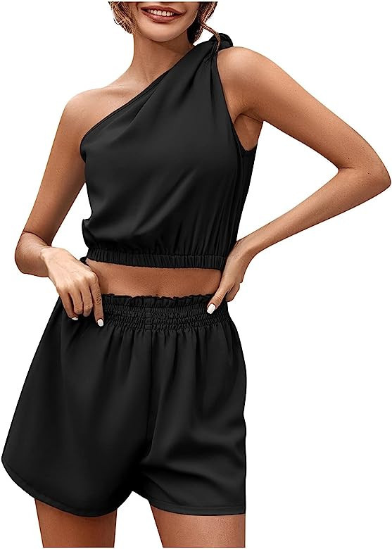 Women's Casual Fashion One-Shoulder Solid Color Slim Shorts Two-Piece Set t-Shirt Women Graphic | Amazon (US)