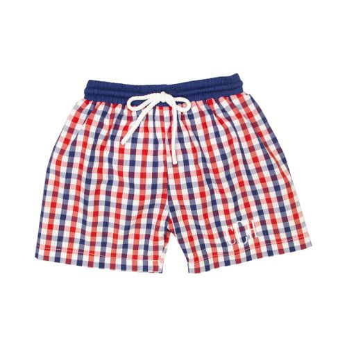 Red White And Navy Check Swim Trunks | Cecil and Lou
