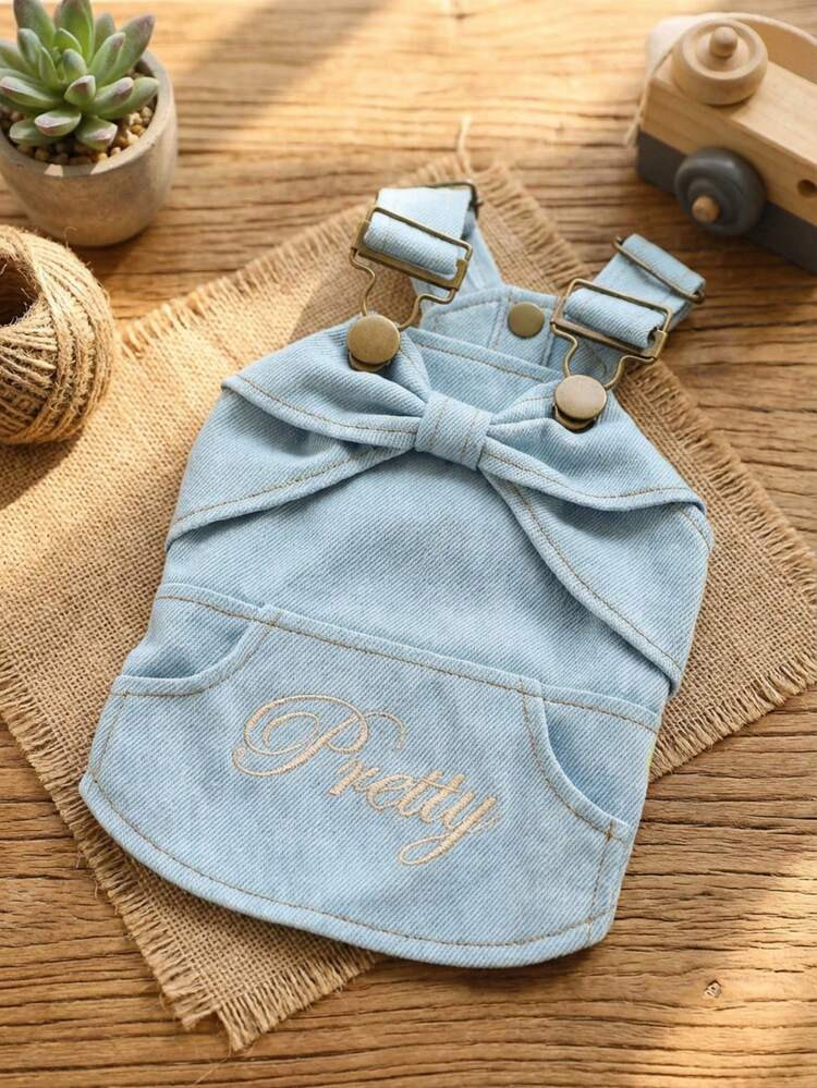 PETSIN 1pc Cat/Dog Universal Clothes, Sweet Bowknot Embroidered "Pretty" Pet Blue Dress With Suspenders, Soft And Cute Style Small Dog Clothing | SHEIN
