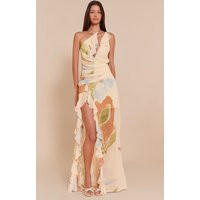 Cream Floral Chiffon Frill Plunge Strappy Maxi Dress | PrettyLittleThing US