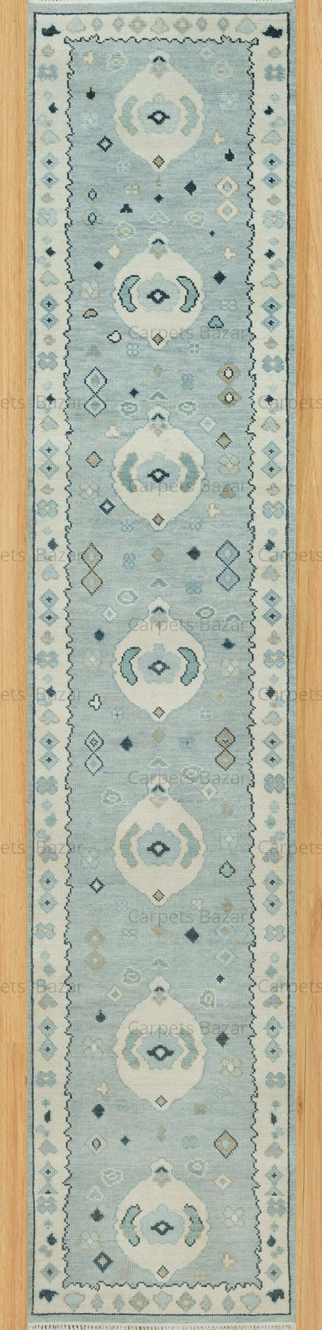 Oushak Runner in Soft Blue / Bisque Ivory With Teal Beige & Charcoal Accents, Handmade Area Rug R... | Etsy (US)