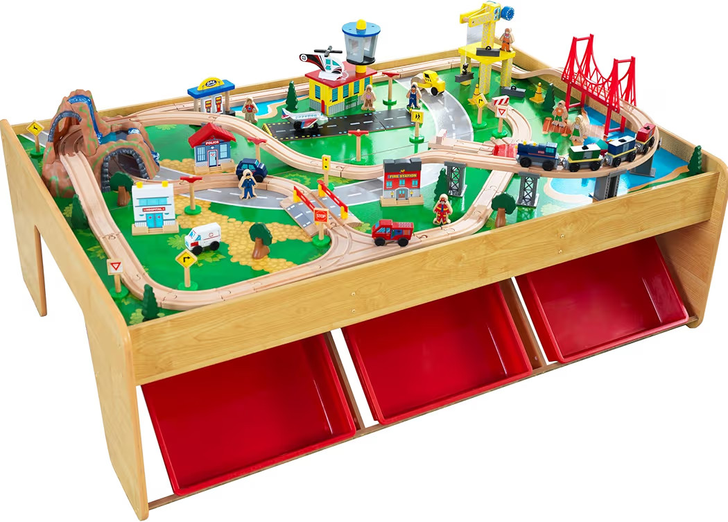 KidKraft Waterfall Mountain Wooden Train Set & Table with 120 Pieces, 3 Storage Bins | Amazon (US)